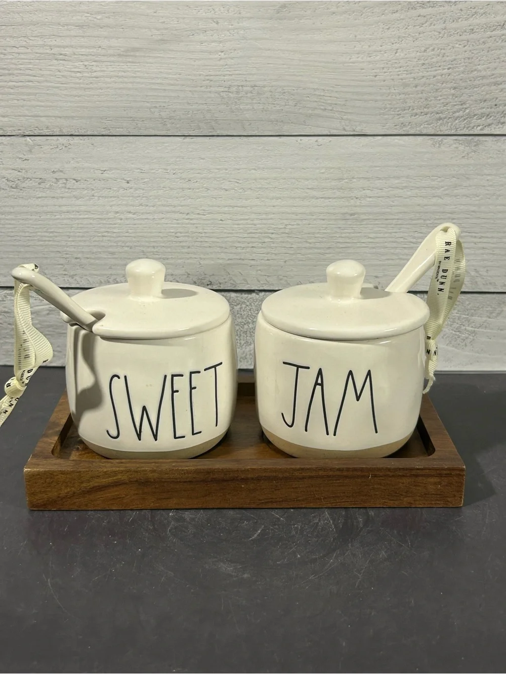 Rae Dunn Cream Ceramic 'SWEET' & 'JAM' Jars with Spoons on Wood Tray